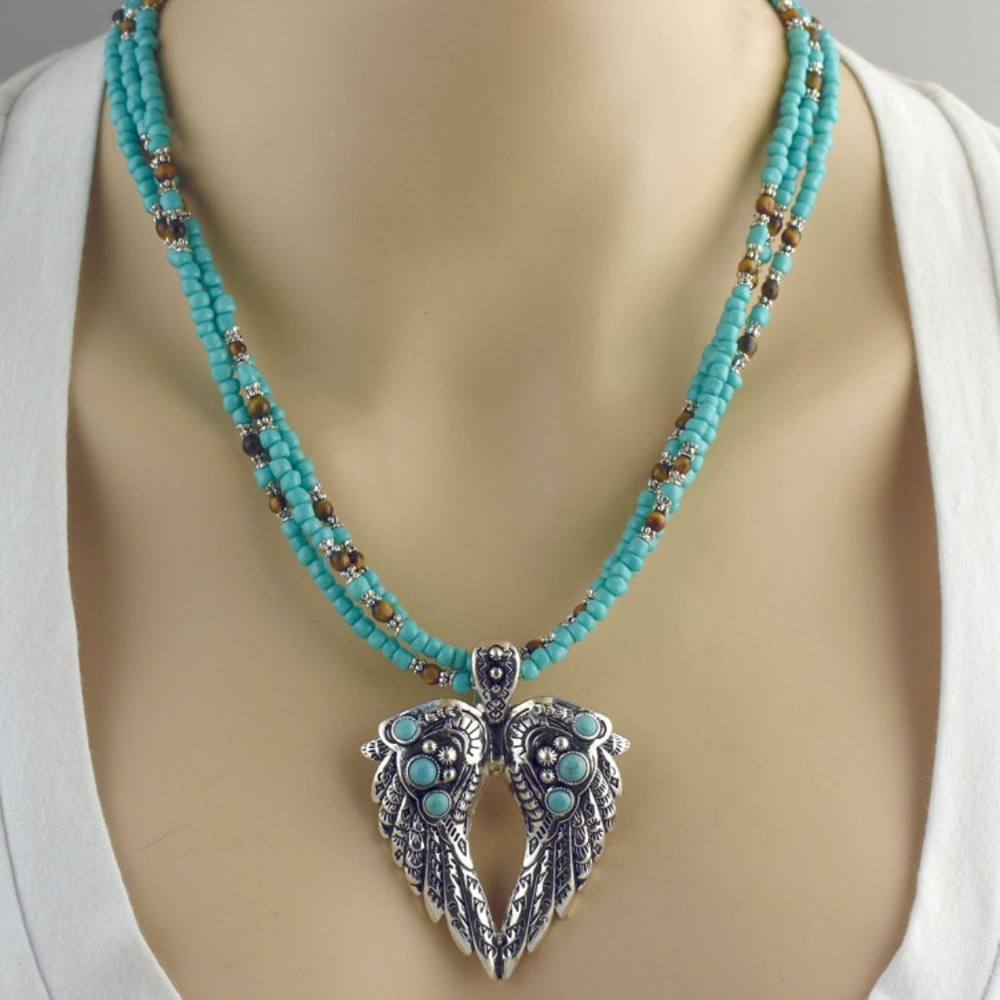 Angel Wing Seed Bead Tiger Eye Necklace Set